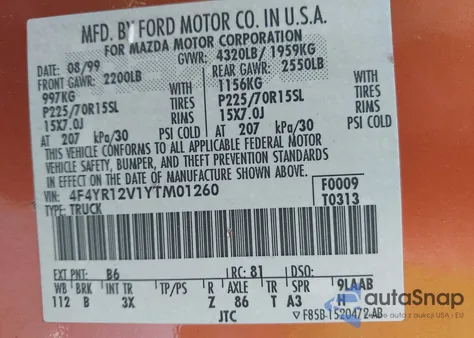 2000 Mazda B3000 z USA, uszkodzony, nr VIN 4F4YR12V1YTM01260